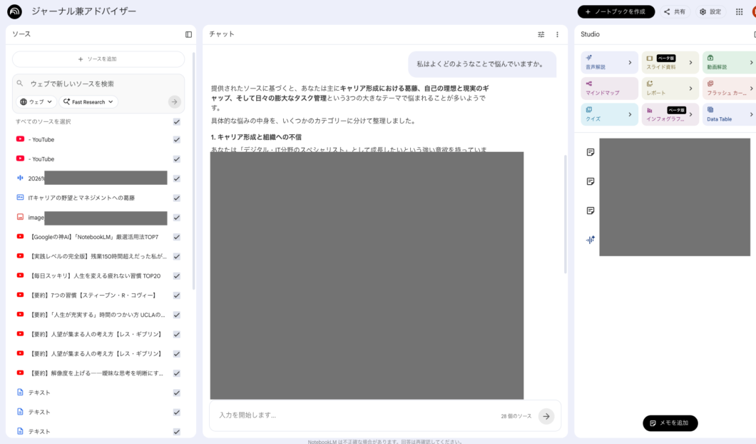 NotebookLMのジャーナリングブック画面。左にYouTube動画や書籍などのソース一覧、中央にAIが悩みの傾向を分類・分析したチャット、右にStudioの出力メニューが表示されている
